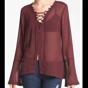 leith burgundy sheer bell sleeve blouse with v neck size S